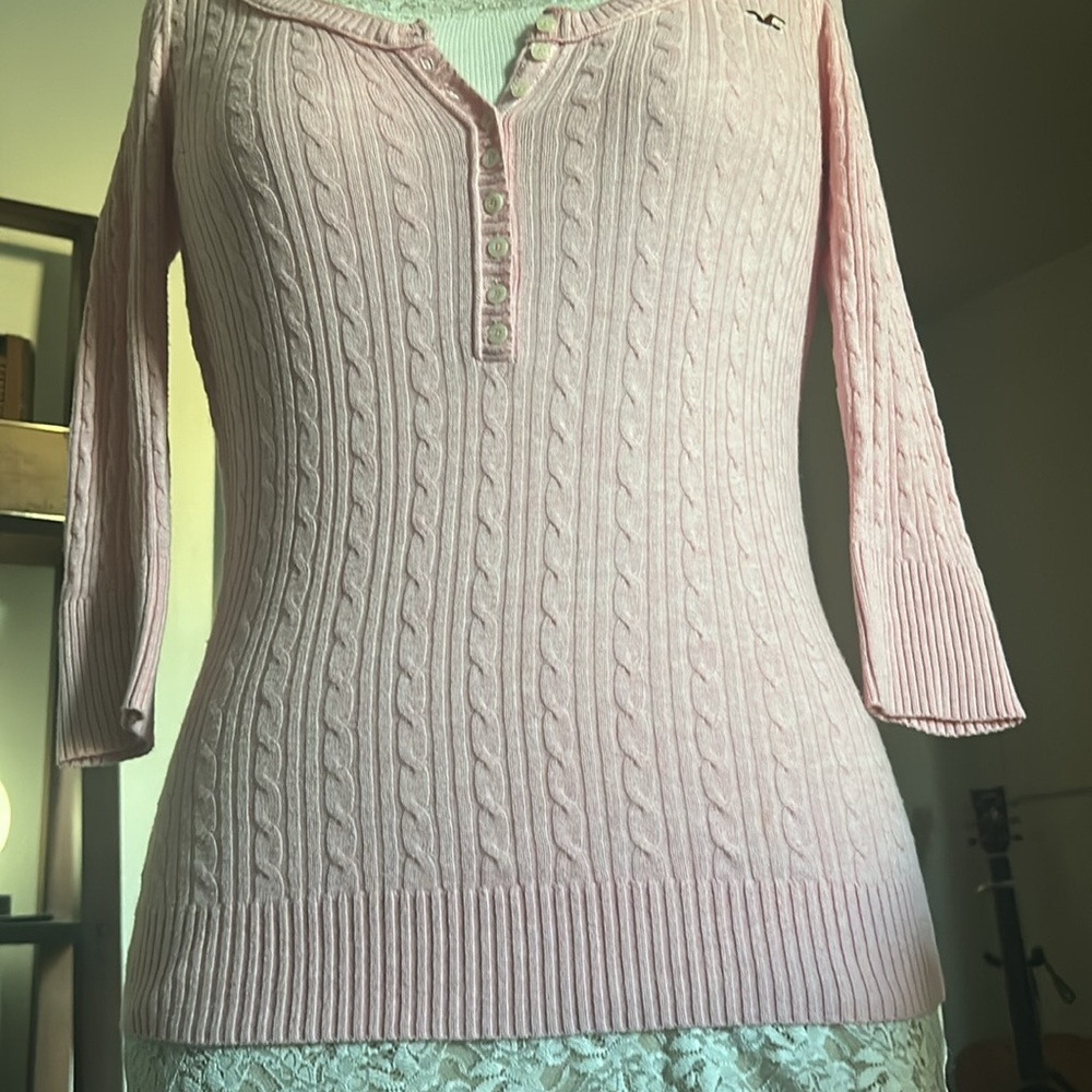 Rare Hollister Y2K vintage pink cable knit 3/4 sleeve Henley top - Picture 7 of 12